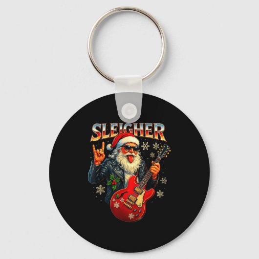 Sleigher Rock Santa Funny Metal Christmas Design キーホルダー (正面)
