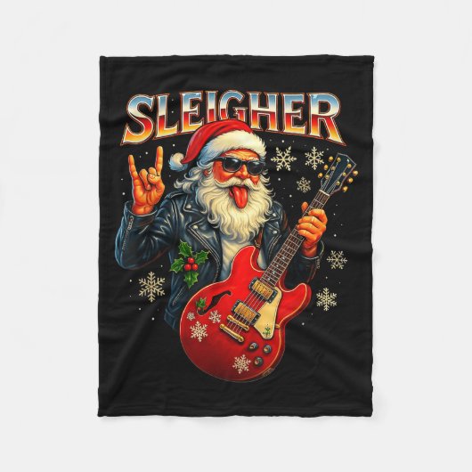 Sleigher Rock Santa Funny Metal Christmas Design  フリースブランケット (正面)