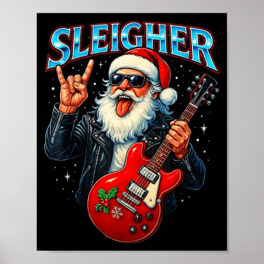 Sleigher Rock Santa Funny Metal Christmas Design ポスター (正面)