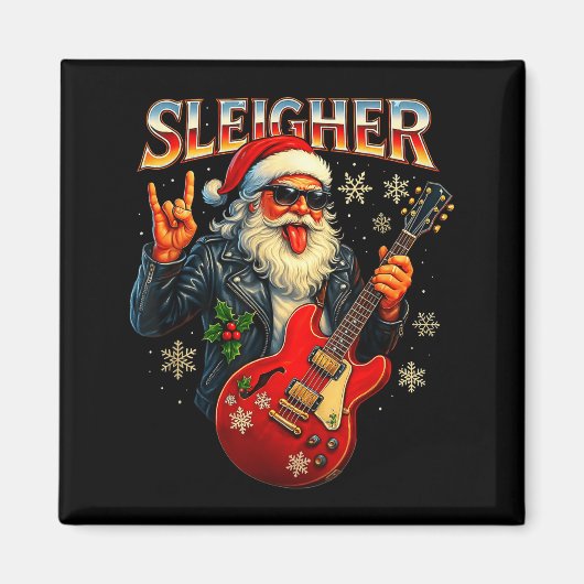 Sleigher Rock Santa Funny Metal Christmas Design マグネット (正面)