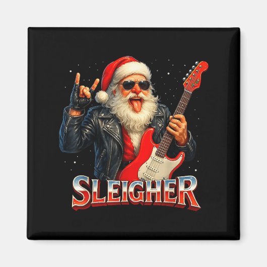 Sleigher Rock Santa Funny Metal Christmas Design  マグネット (正面)