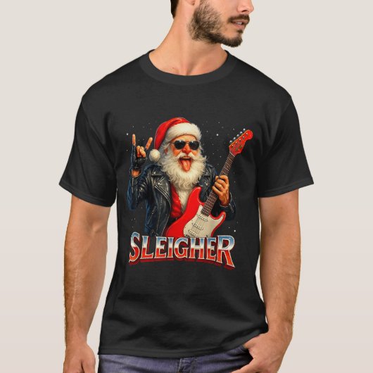 Sleigher Rock Santa Funny Metal Christmas Design  Tシャツ (正面)