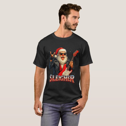 Sleigher Rock Santa Funny Metal Christmas Design  Tシャツ (正面フル)