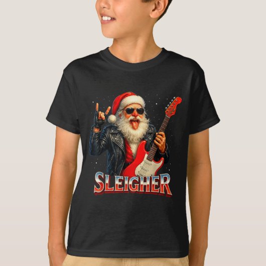 Sleigher Rock Santa Funny Metal Christmas Design  Tシャツ (正面)