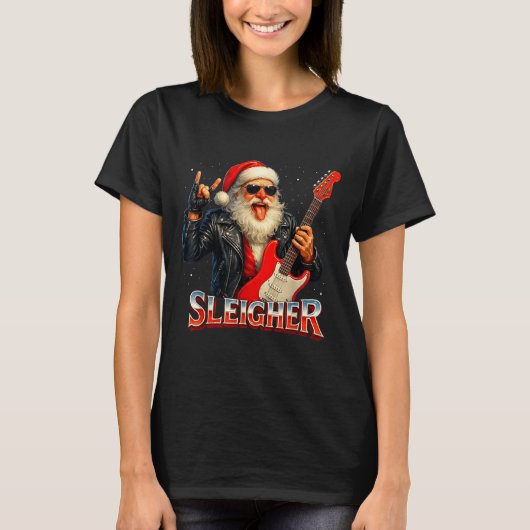 Sleigher Rock Santa Funny Metal Christmas Design  Tシャツ (正面)