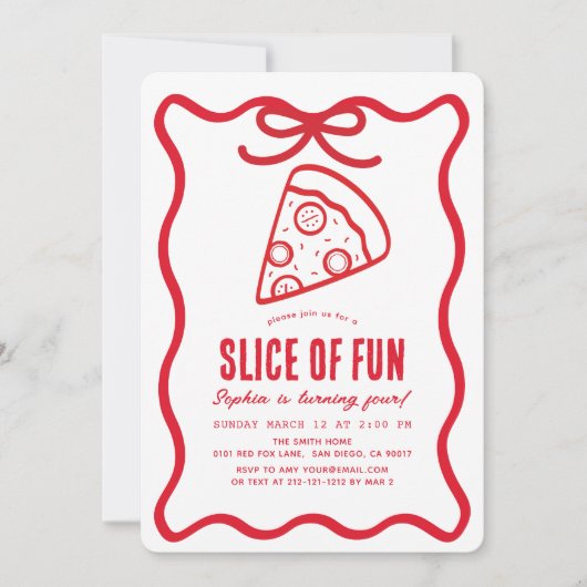 Slice of Fun Red Hand-drawn Pizza Birthday 招待状 (正面)