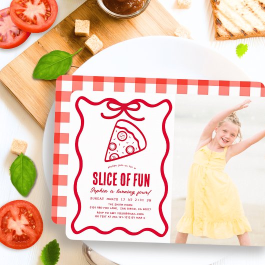 Slice of Fun Red Hand-drawn Pizza Photo Birthday 招待状