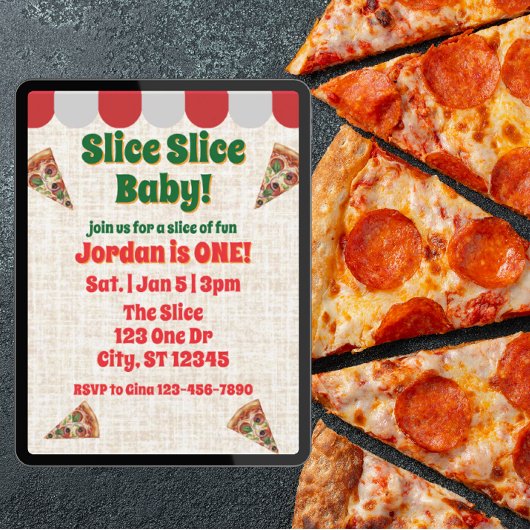 Slice Slice Baby, pizza 1st birthday 招待状