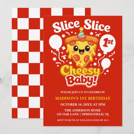 Slice Slice Cheesy Baby Pizza 1st Birthday 招待状 (正面/裏面)
