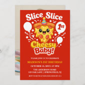 Slice Slice Cheesy Baby Pizza 1st Birthday Digital 招待状 (正面/裏面)