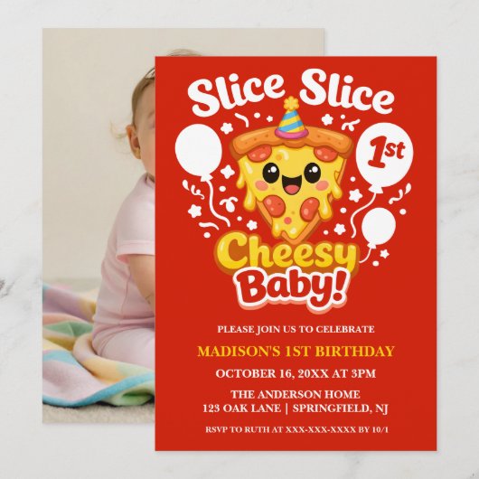 Slice Slice Cheesy Baby Pizza 1st Birthday Digital 招待状 (正面/裏面)