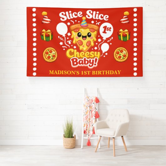 Slice Slice Cheesy Baby Pizza 1st Birthday Large 横断幕 (インサイチュ)