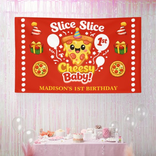 Slice Slice Cheesy Baby Pizza 1st Birthday Large 横断幕 (パーティー)