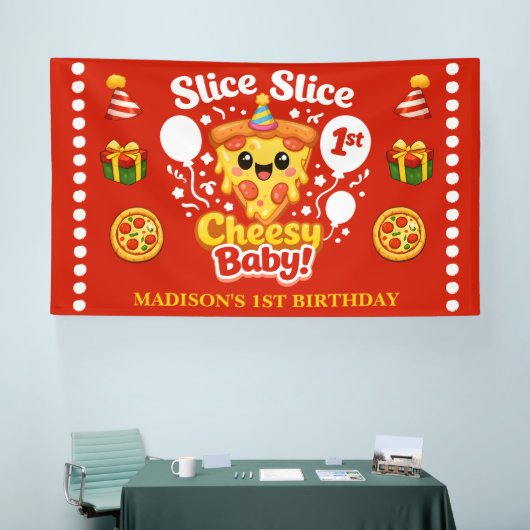 Slice Slice Cheesy Baby Pizza 1st Birthday Large 横断幕 (トレードショー)
