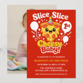 Slice Slice Cheesy Baby Pizza 1st Birthday Photo 招待状 (正面/裏面)