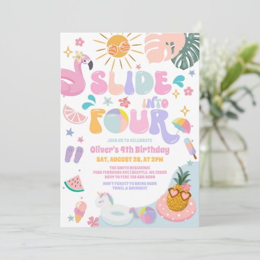 Slide Into Four Pool Party Summer 4th Birthday 招待状 (スタンド正面)
