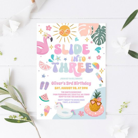 Slide Into Three Pool Party Summer 3rd Birthday 招待状