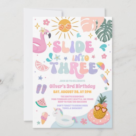 Slide Into Three Pool Party Summer 3rd Birthday 招待状 (正面)
