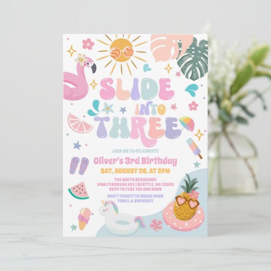 Slide Into Three Pool Party Summer 3rd Birthday 招待状 (スタンド正面)