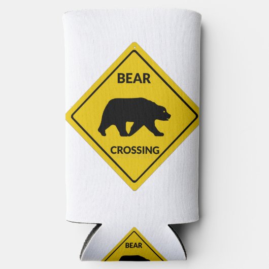 SlipperyJoeのクマのクロッシングのサインはシルエットw スリム缶クーラー (正面)
