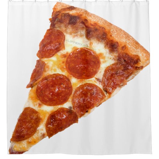 SlipperyJoeのクラシックペペローニピザのスライスが溶けた シャワーカーテン (正面)