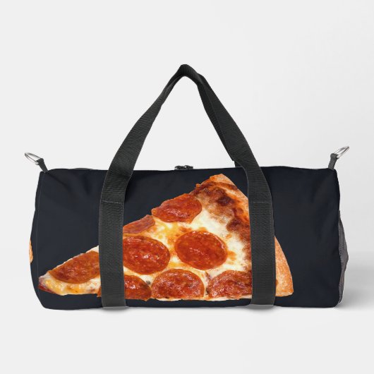 SlipperyJoeのクラシックペペローニピザのスライスが溶けた ダッフルバッグ (正面)