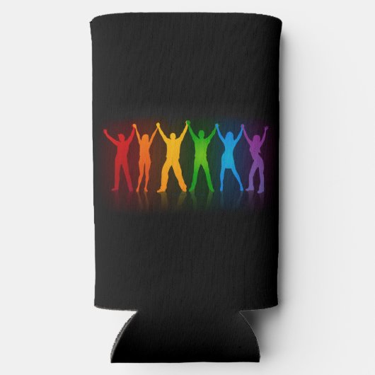 SlipperyJoeのグループの人々が手を握ってLを形成 スリム缶クーラー (裏面)