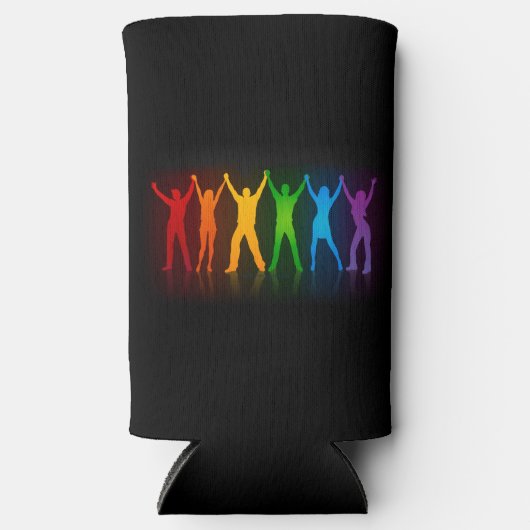 SlipperyJoeのグループの人々が手を握ってLを形成 スリム缶クーラー (正面)