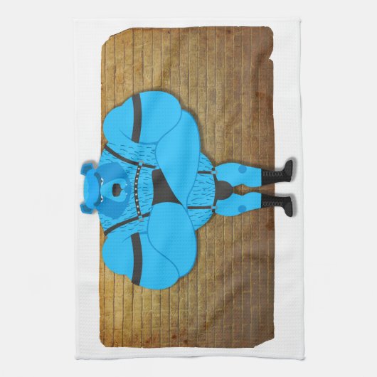 SlipperyJoeのゲイの筋肉は漫画のThongのリードを負担 キッチンタオル (縦)