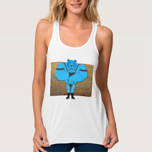 SlipperyJoeのゲイの筋肉は漫画のThongのリードを負担 タンクトップ (正面)