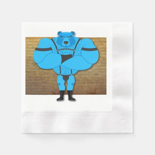 SlipperyJoeのゲイの筋肉は漫画のThongのリードを負担 縁ありカクテルナプキン (正面)