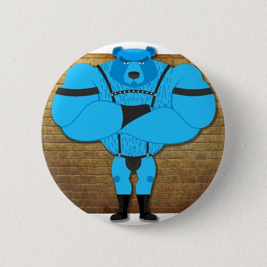 SlipperyJoeのゲイの筋肉は漫画のThongのリードを負担 缶バッジ (正面)