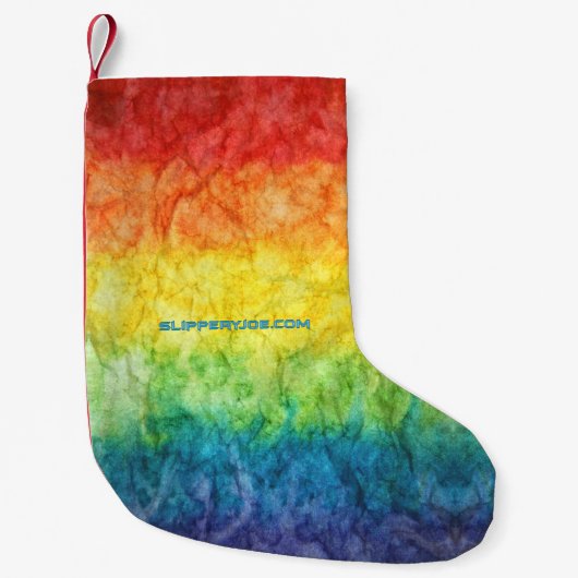 SlipperyJoeのタイ染めフラグの虹色が押し込まれたs スモールクリスマスストッキング (正面)