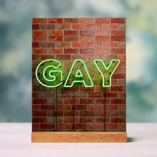 SlipperyJoeのネオン鮮やかゲイは緑のレンガwに署名 アクリルサイン (ニュートラル)