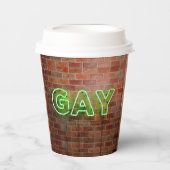 SlipperyJoeのネオン鮮やかゲイは緑のレンガwに署名 紙コップ (正面)