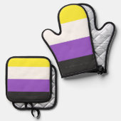 SlipperyJoeのノンバイナリー Pride フラッグ 黄色 白 鍋つかみ&鍋敷きセット (正面/裏面)