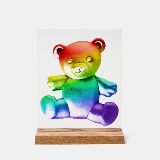 SlipperyJoeのブラシ仕上げ金属テディベアレインボーグラ アクリルサイン (正面)