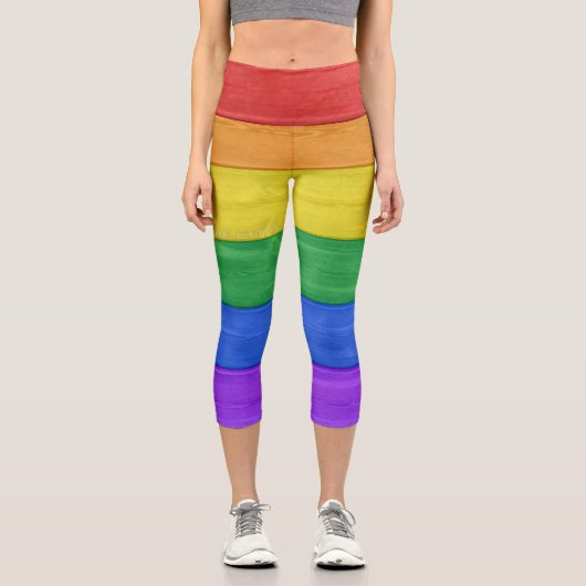 SlipperyJoeのプライド木製フラッグ虹色セル カプリレギンス (正面)