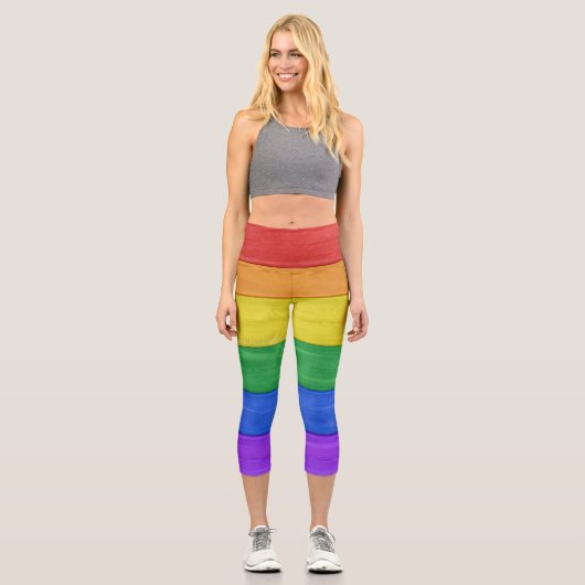 SlipperyJoeのプライド木製フラッグ虹色セル カプリレギンス (正面)