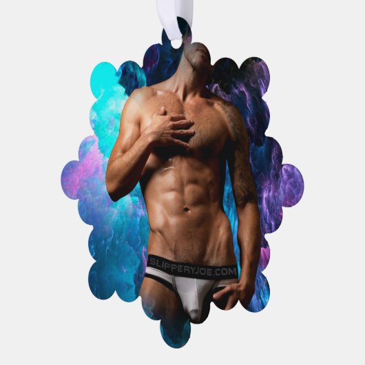 SlipperyJoeの男性の下着のふくらみ紫色の青いアバスト オーナメントカード (左)