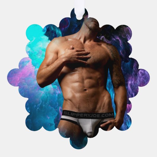 SlipperyJoeの男性の下着のふくらみ紫色の青いアバスト オーナメントカード (裏面)