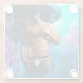 SlipperyJoeの男性の下着のふくらみ紫色の青いアバスト ガラスコースター (裏面)