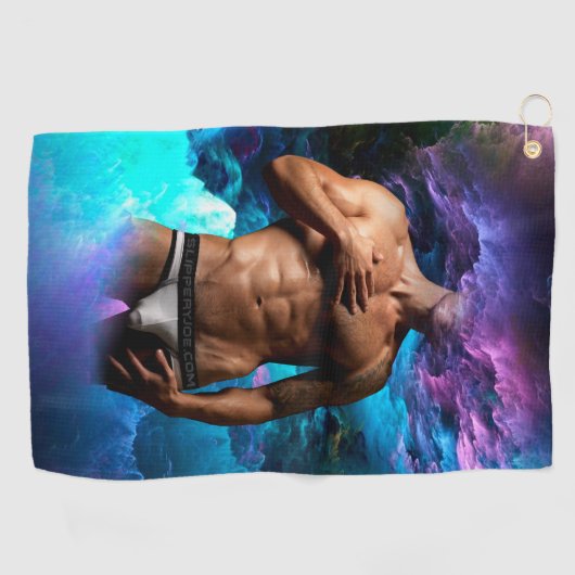 SlipperyJoeの男性の下着のふくらみ紫色の青いアバスト ゴルフタオル (横)