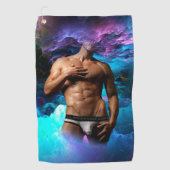 SlipperyJoeの男性の下着のふくらみ紫色の青いアバスト ゴルフタオル (正面)