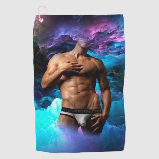 SlipperyJoeの男性の下着のふくらみ紫色の青いアバスト ゴルフタオル (正面)