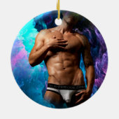 SlipperyJoeの男性の下着のふくらみ紫色の青いアバスト セラミックオーナメント (裏面)