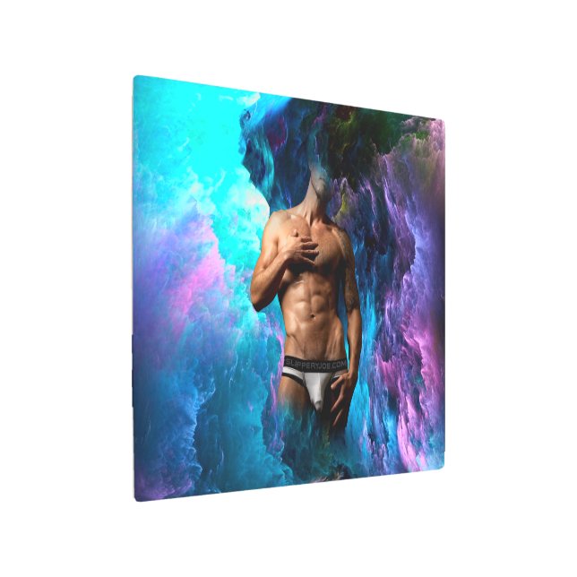 SlipperyJoeの男性の下着のふくらみ紫色の青いアバスト メタルプリント (アングル)