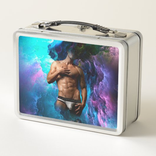 SlipperyJoeの男性の下着のふくらみ紫色の青いアバスト メタルランチボックス (裏面)