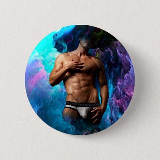 SlipperyJoeの男性の下着のふくらみ紫色の青いアバスト 缶バッジ (正面)