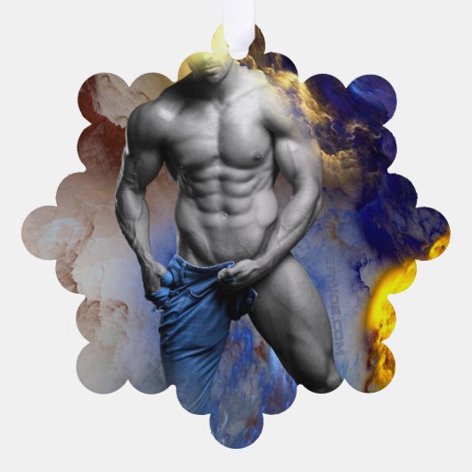 SlipperyJoeの筋肉質な男の体型は蒸し暑いシャトル オーナメントカード (裏面)